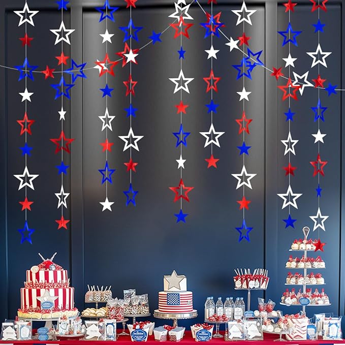 Patriotic Star Streamers Banner Garland Glitter for 4th of July BBQ Memorial Day 250th Anniversary Party Glossy Independence Day Celebration Labor Day Decorations Red White Blue 1 Strand 157.5In