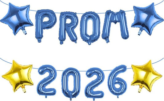 Prom 2026 Balloons Decorations, 16 Inch Foil Letter Number Balloons with 18 Inch Blue Gold Star Balloons for High School College Graduation Gift Retirement Ins Photo Party Supplies