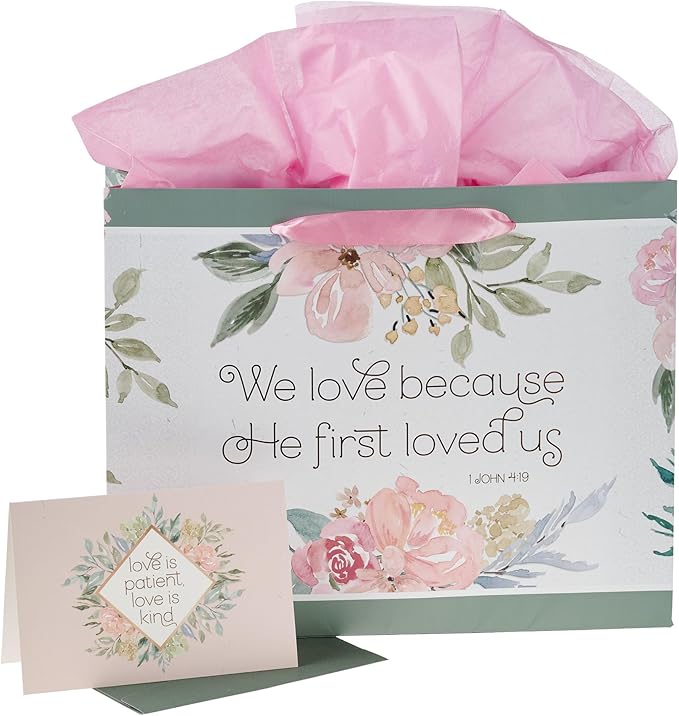 Christian Art Gifts Large Landscape Scripture Gift Bag w/Blank Greeting Card & Wrapping Tissue Paper Set: He First Loved Us Inspirational Bible Verse, Beautiful Floral Design w/Gold for Birthdays,