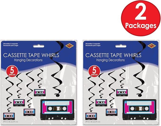 Beistle 10 Piece 80's Theme Cassette Tape Swirls, 1980's Retro Hanging Whirl Decorations