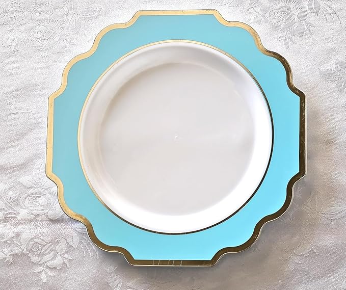 OCCASIONS 720 Pcs set (120 guest) Wedding Disposable Plastic Plate and Silverware Combo 10.5" + 8" + Silverware (Double Fork) (Imperial in White/Aqua & Gold Rim, Gold Silverware)