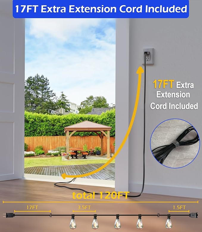luckystyle 120FT LED Outdoor String Lights with 30+2 Edison Shatterproof Waterproof Bulbs, 2700K Commercial Grade Patio Lights, Heavy Duty Outside Hanging Outdoor Lights for Garden Porch Deck Decor