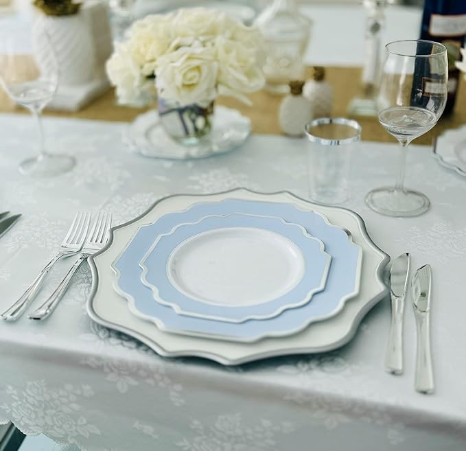 " OCCASIONS " 150 Piece set (25 Guests)-Wedding Plastic Plates & cutlery -Disposable heavyweight Dinnerware 10.5'',8''+Silverware w/double fork (Imperial in White/Baby Blue & Silver)
