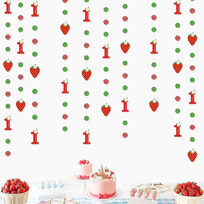 pinkblume Strawberry 1st Birthday Party Decorations Sweet Strawberry Fruit Theme Circle Dot Garland One Berry First Birthday Polka Dots Streamer for Girl Happy 1st Year Decorations Supplies