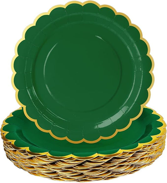 HEIPINIUYE 50 Pieces Green Paper Plates with Gold Foil 7 Inch Disposable Green Scalloped Dinner Plates for Wedding Baby Shower Birthday Christmas Party Dessert Plate