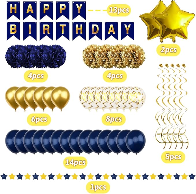 Navy Blue and Gold Happy Birthday Decorations with Banner, Paper Pompoms for Boys, Girls, Men, Women - Party Decorations Supplies