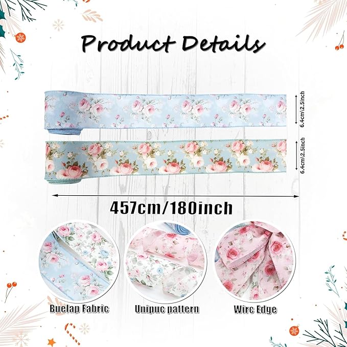 Spring Summer Watercolor Vintage Floral Wired Edge Ribbon, Pink Rose Summer Fabric Ribbon for Wreath, Bow Making, Gift Wrapping & DIY Crafts, 4 Rolls, 20 Yards (Blue-Pink)