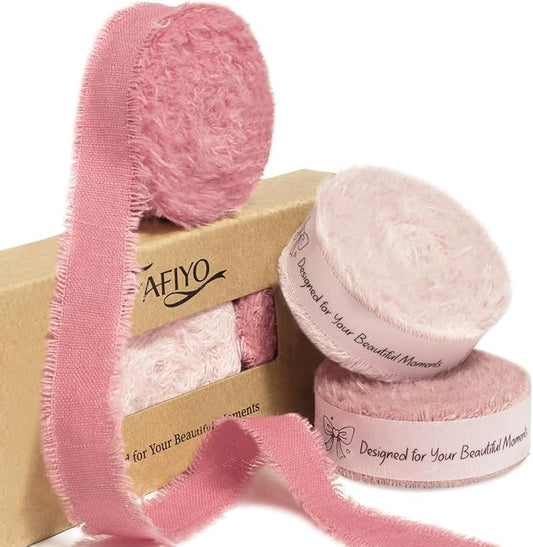 Pink Cotton Ribbon 5/8 Inch Pink, Baby Pink & Dusty Rose 3 Rolls 21 Yards Frayed Edge Fabric Set for Wedding Invitations, Bridal Shower, Baby Shower Decor, Bouquet Wrap & Gift Wrapping