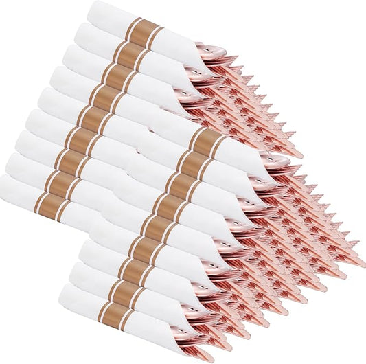 Supernal 100pack Rose Gold Plastic Silverware with Napkins, Prewrapped & Rolled Rose Gold Disposable Utensils, Elegant Pink Gold Cutlery Rolls for Wedding, Baby Shower & Party