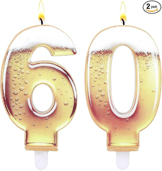 60th Birthday Cake Candles, Beer Themed Cake Numbers Decorations Funny Party Topper Supplies for Men Beer Lover Birthday Celebration Gifts (60)