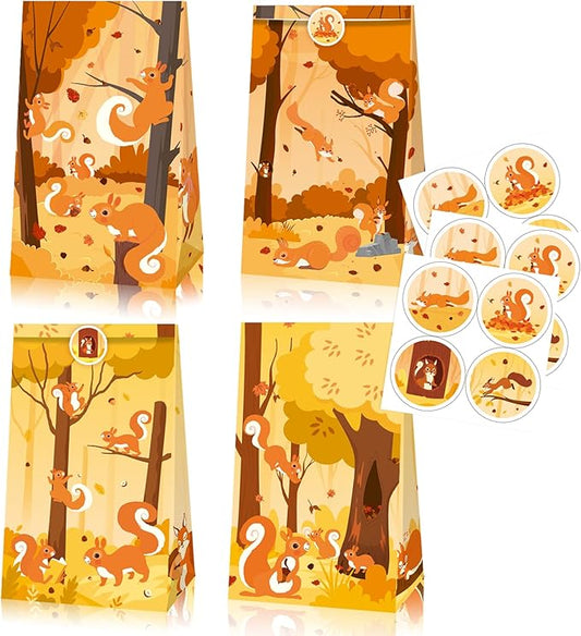 MMBDAMAI 12 Pcs Squirrel Party Bags with 12 Pcs Squirrel Stickers, Squirrel Party Decorations Cute Animal Squirrel Candy Chocolate Goodie Treat Gift Bags for Squirrel Birthday Party Supplies
