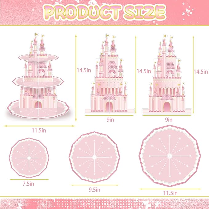 KALEFO Princess Party Supplies 3 Tier Cupcake Stand Birthday Decorations Pink Castle Cake Treat Table Decor(Princess)