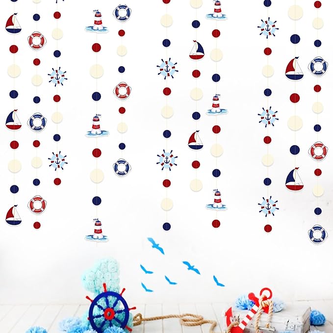 Nautical Party Decorations Red Blue Beige Circle Dots Garland Hanging Paper Polka Dot Streamer for Birthday Wedding Baby Shower Bachelorette Nautical Ahoy Achor Pirate Theme Party Decorations Supplies
