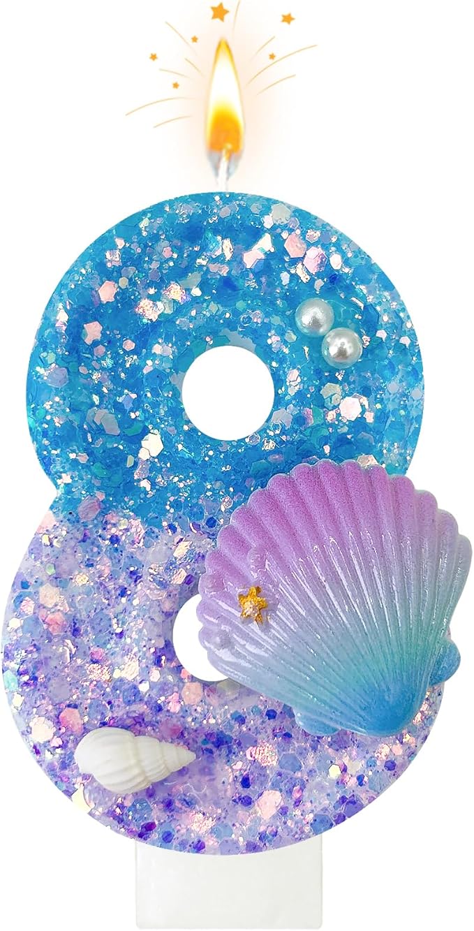 Blue and Purple Birthday Candles, 8th Birthday Cake Decoration, Cupcake Candles，Suitable for Mermaid Theme Party Cake Decoration (8)