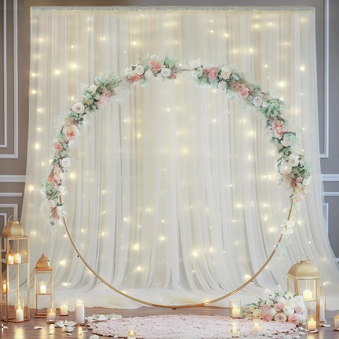 30x8ft Ivory Tulle Backdrop Curtain with Lights String for Parites, Sheer Backdrop Curtains for Wedding Baby Shower Birthday Party Photo Shoot Decorations