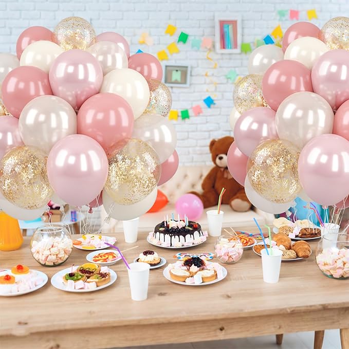 Pink and Gold Balloons, 50Pcs 12 Inch Retro Blush Pink Cream White Double Stuffed-pink Metallic Gold Confetti Boho Ballon for Birthday Bridal Shower Wedding Party Decorations