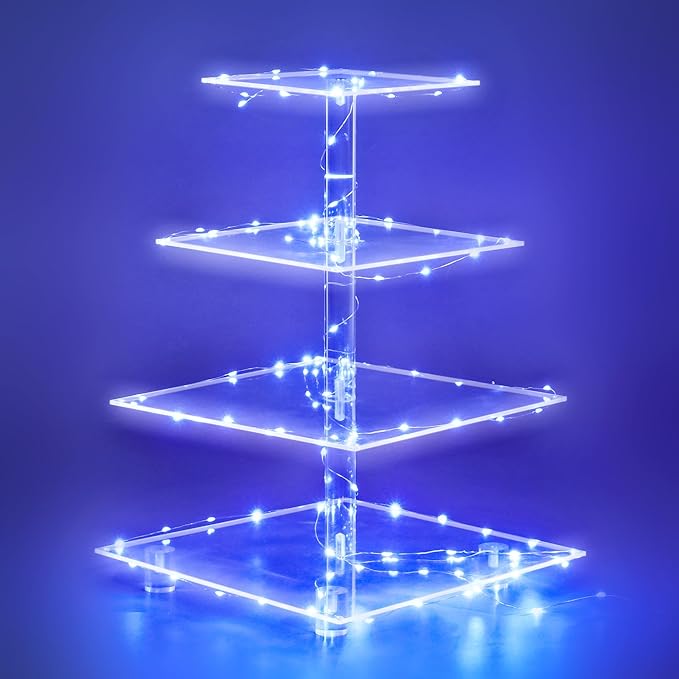 weddingwish Cupcake Stand, 4-Tier Square Acrylic Cupcake Display Stand with LED String Lights Dessert Tower Pastry Stand for Birthday or Wedding Party