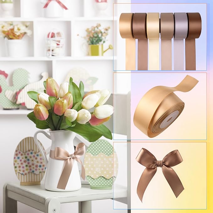 Light Brown Ribbon 1 Inch Wide Neutral Ribbon Tan Champagne Gold Satin Ribbon Assorted Solid Color Double Faced Satin Ribbon for Gift Wrapping Wedding Flower Bouquet Wrapping Hair Bows Crafts