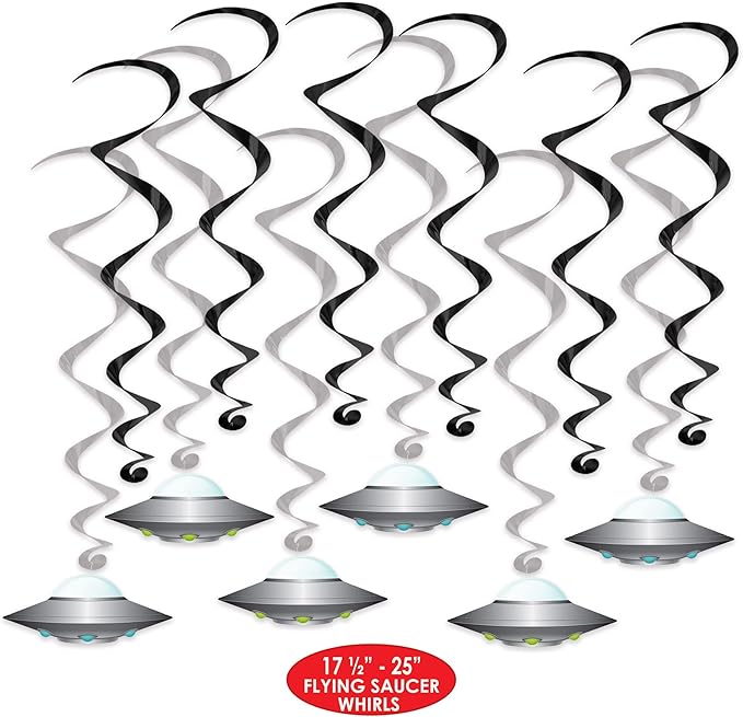 Beistle Flying Saucer Whirls – 24 Pack, Black & Silver Hanging Swirl Decorations with UFO Cutouts, Space-Themed Ceiling Décor for Alien Parties, Sci-Fi Events & Cosmic Galaxy Celebrations, 17½"–25"