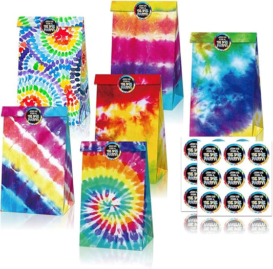 AICHENGZI Tie Dye Gift Treat Bags Bags Tie Dye Party Goodie Paper Bags Candy Bags with Stickers Colorful Party Paper Bags (12PCS)