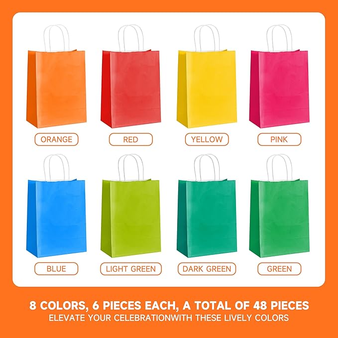 METAPRINT 48 Pcs Rainbow Paper Gift Bags with Handles in Bulk, 5.8x3.2x8.25 inch Small Kraft Paper Bags for Birthdays, Party Favors, Wedding (8 Colors)