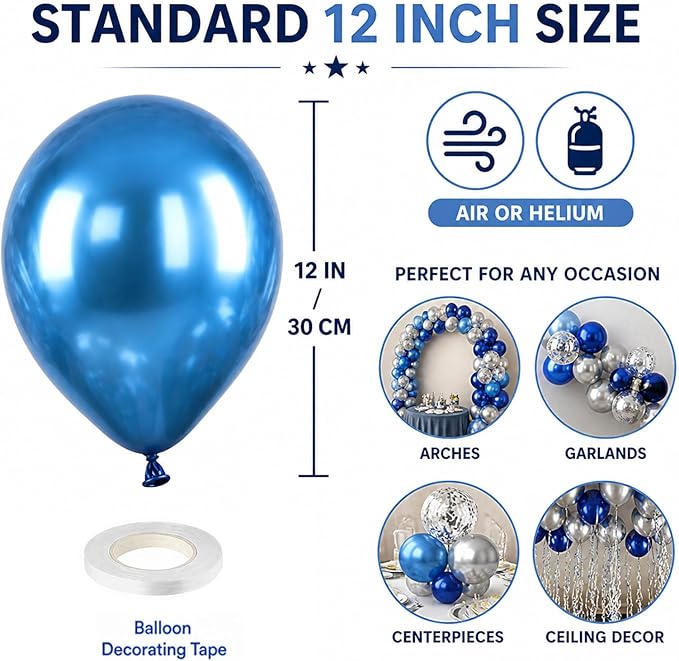 Blue and Silver Balloons, 50PCS 12 Inch Metallic Blue Silver Balloons Dark Navy Confetti Party Latex Balloon Baby Blue Mixed Balloon for Birthday Graduation Shower Wedding Retirement