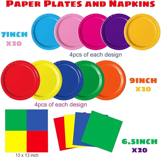 Oigco 60 PCS Colorful Paper Plates, Pastel Plates and Napkins, Rainbow Disposable Tableware for Birthday, Picnic, Baby Shower, Holidays, 10 Colors