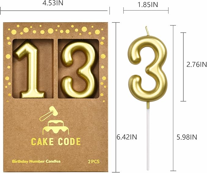 2.76 Inch Classical Gold 13 Number Birthday Candles, Gold Number Candles, Cake Number Candles, Party Celebration