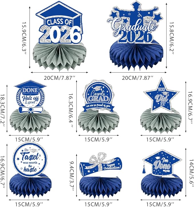 8 PCS Blue Silver Graduation Party Decorations Class of 2026 Blue Congrats Grad Honeycomb Centerpieces Congratulate Graduation Table Toppers for Graduation Party Supplies