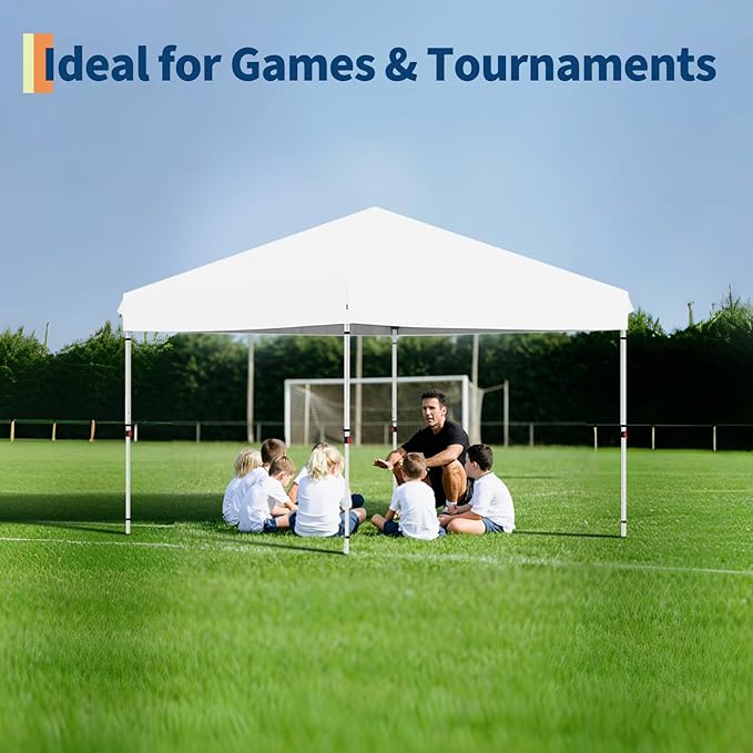 GarveeLife 10x10 Pop Up Canopy with 3 Sidewalls - Easy Up Camping Tent with One Button Push Setup - 1 Roller Bag, 3 Adjustable Height, 4 Weight Bags for Deck, Garden, Sports, Beach, Party - White