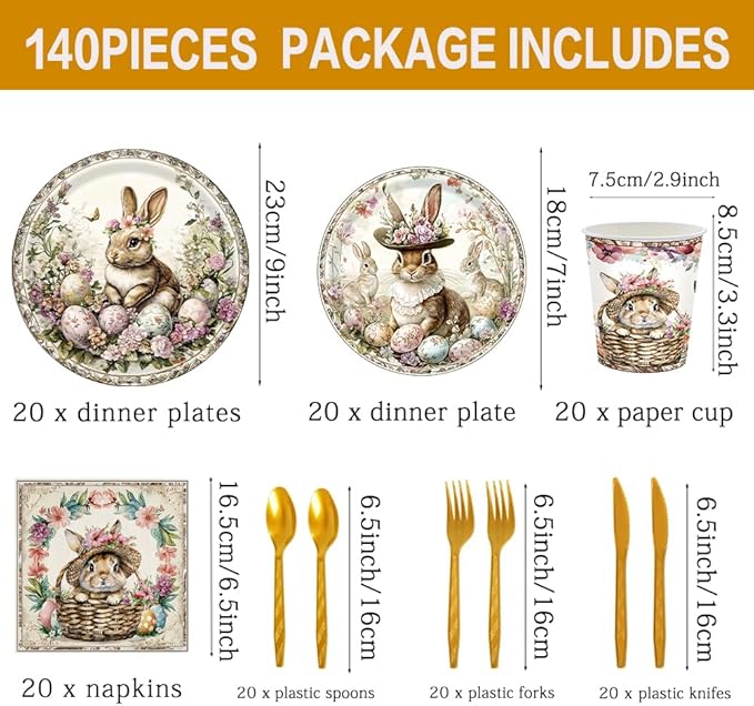 140Pcs Vintage Easter Party Rabbits Plates and Napkins Easter Day Party Supplies Gorgeous Palace-Style Bunny Eggs Paper Plates Birthday Party Decorations Rabbits Party Plates, Serves 20 Guests