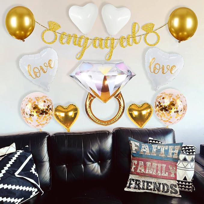 Sparkly Gold Engagement Decorations - Engaged Banner, Cake Decorations, Confetti, Ring Balloons for Wedding Party Decor