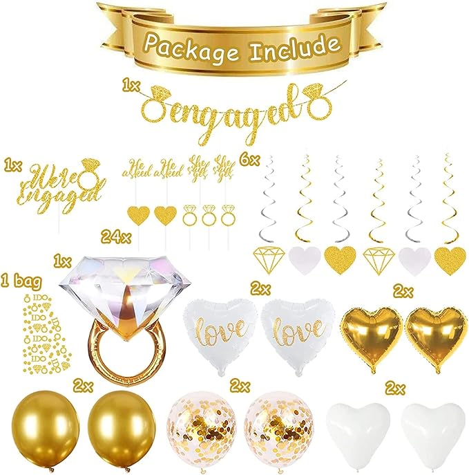 Sparkly Gold Engagement Decorations - Engaged Banner, Cake Decorations, Confetti, Ring Balloons for Wedding Party Decor