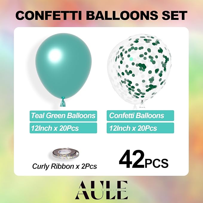 AULE Party Balloons Pack of 42 - Metallic Green Balloons & Confetti Balloons and 64ft Ribbons - 12 Inch Teal Green Balloon Decorations Set