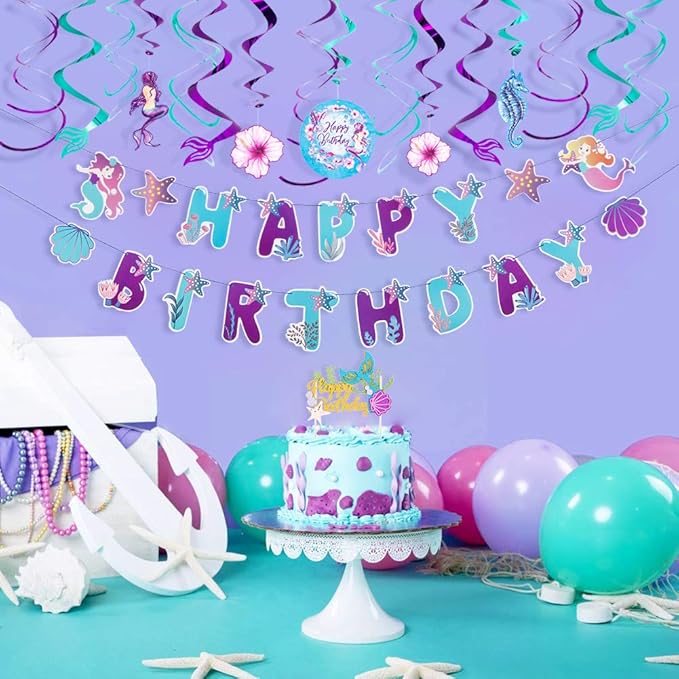 SUNBEAUTY Mermaid Happy Birthday Banner Little Mermaid Theme Birthday Decorations for Girls Ocean Theme Party Supplies for Baby Shower | Pre-Strung