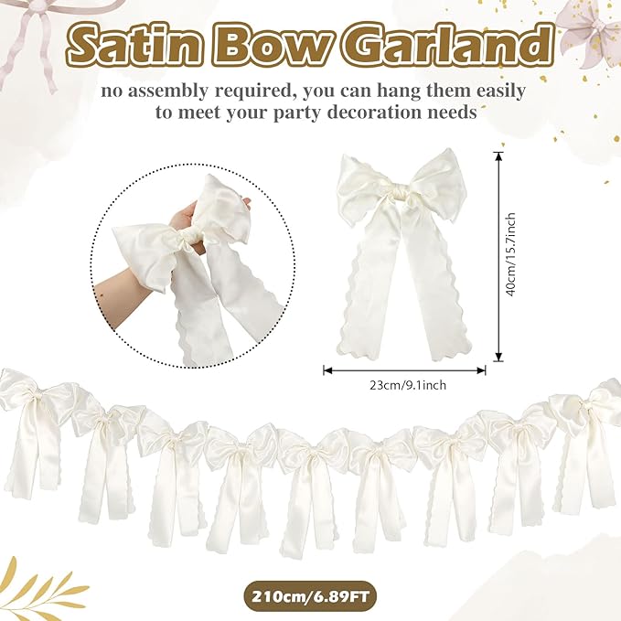 VitalCozy White Bow Garland Decor for Coquette Party Decorations, Pre-Strung Satin Ribbon Birthday Party Garland Bow Banner for Bridal Shower Bachelorette Wedding Birthday Engagement Supplies
