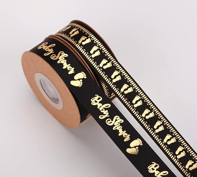 Meseey 20 Yards Baby Ribbon Foot Print Black and Gold Ribbons for Crafts Cake Baby Shower Birthday,Gift Wrapping, Party Decoration (Black)