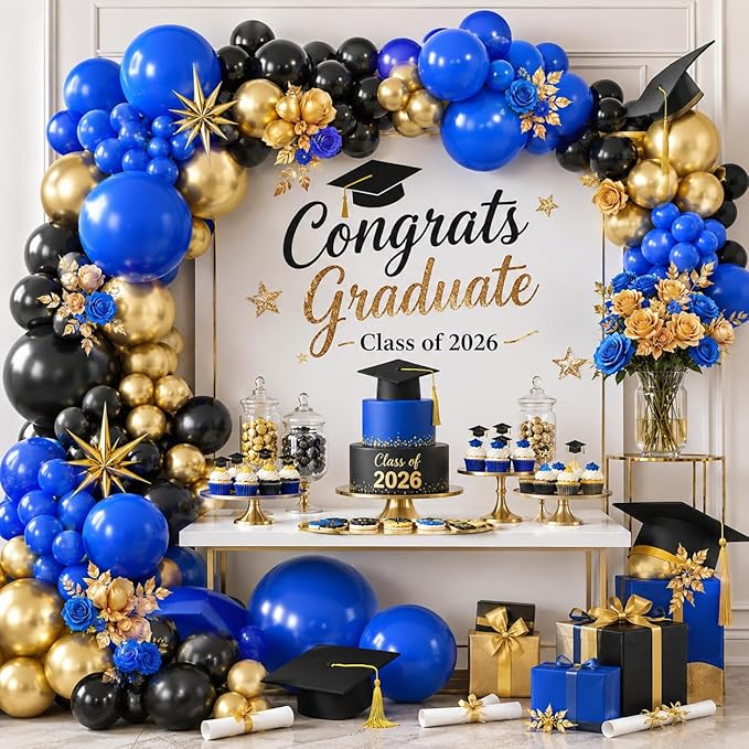 Black Blue Balloon Arch Kit, Black and Dark Blue Balloon Garland with Gold Latex Balloons, Black Blue Gold Balloon Arch Garland for Birthday, Baby Shower, Wedding, Anniversary Party Decorations