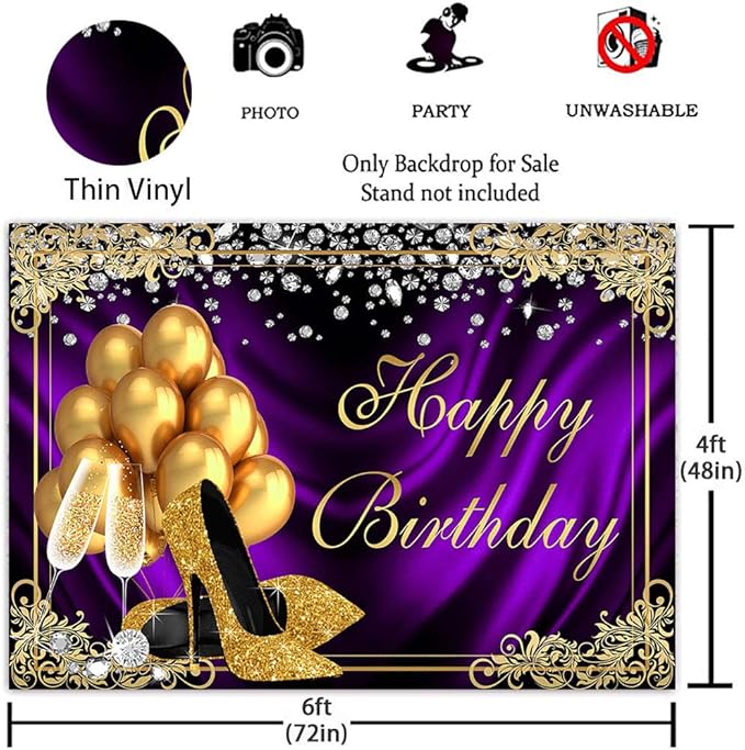 Mocsicka Royal Purple Birthday Backdrop Shiny Diamond Gold Heels Champagne Photography Background Vinyl Adults Women Happy Birthday Golden Frame Party Decorations Supplies Photo Props (6x4ft)