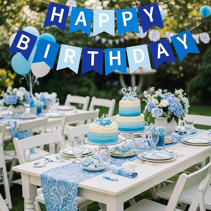 Happy Birthday Banner Pre-Strung Birthday Decorations Birthday Party Backdrop Sign Garland Party Supplies for Women Men Boys Girls,NO-DIY Nary Blue
