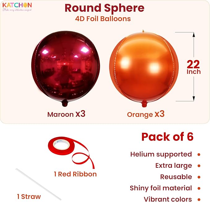 Katchon, Large Metallic Maroon and Orange Foil Balloons -22 Inch-Pack of 6 | Fall Decorations For Home | Thanksgiving Balloons | Thanksgiving Decorations | 4D Foil Balloon Orange, Red Party Decoration
