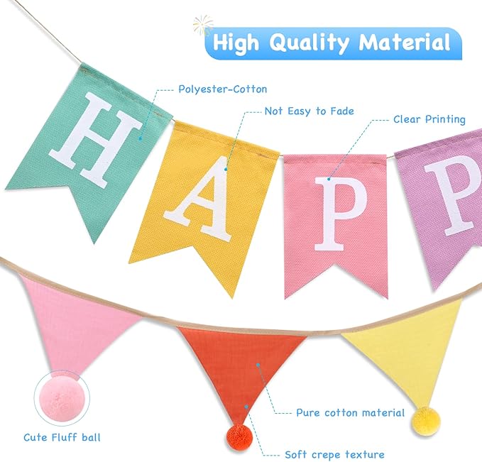 Happy Birthday Banner, Birthday Decorations with Pennant Flags, Colorful Imitated Burlap Birthday Signs with Cotton Crepe Triangle Bunting for Women Girls Boys Kids, Birthdate Party Celebration Backdrops