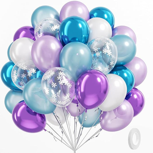 BAUANOOY Frozen balloons, 60pcs 12 Inch Purple and Blue Balloons with Snowflake Confetti Balloons for Winter Theme Party Supplies Baby Shower Wedding Frozen Birthday Party Decorations
