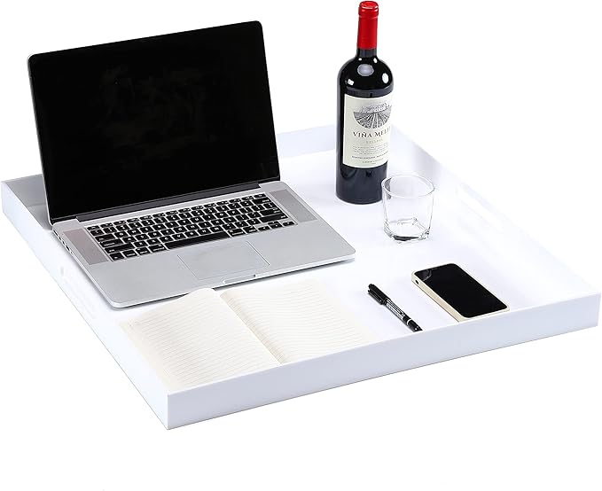 Extra Large Glossy White Acrylic Serving Tray with Handles-King Size Spill Proof-for Ottoman,Coffee Table, Breakfast, Tea, Food, Butler -Safe Edge Organizer-24x24x2H Inch