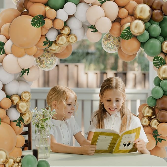 142PCS Sage Green Brown Balloon Garland Kit Jungle Safari Wild Woodland Balloon Arch Olive Green Gold Coffee Cocoa Balloons for Wedding Birthday Shower Party Decorations