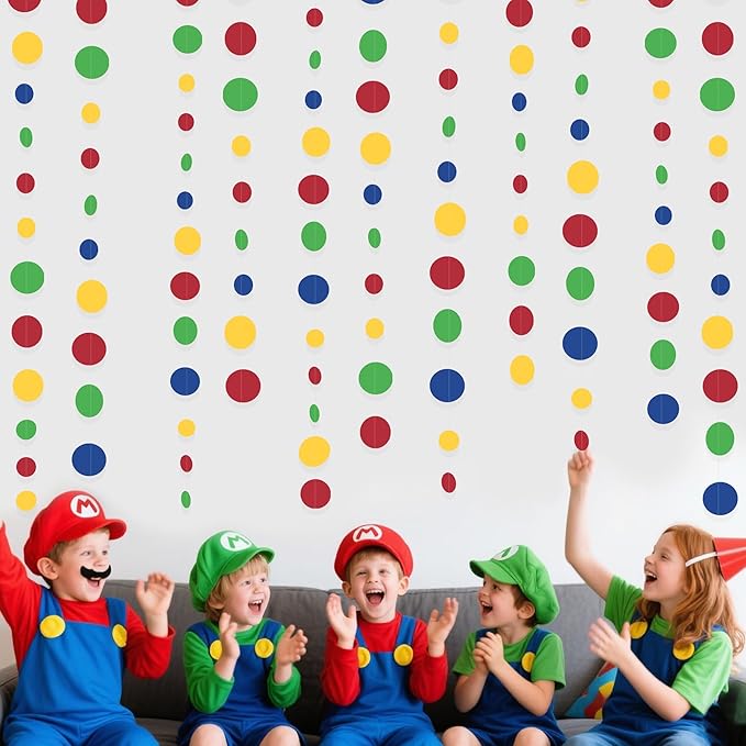 Mario Party Decorations Circle Dot Garland Red Blue Yellow Green Hanging Paper Polka Dot Streamer for Birthday Baby Shower Wedding Bridal Shower Carnival Circus Clown Fiesta Party Supplies