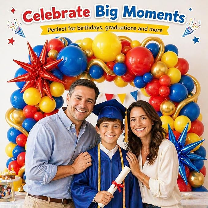 126Pcs Red Blue Yellow Balloon Arch Kit, Cartoon Hedgehog Theme Primary Color Balloon with Gold Circle Explosion Star Foil Balloon Garland Set for Boys Kids Carnival Circus Birthday Party Decorations