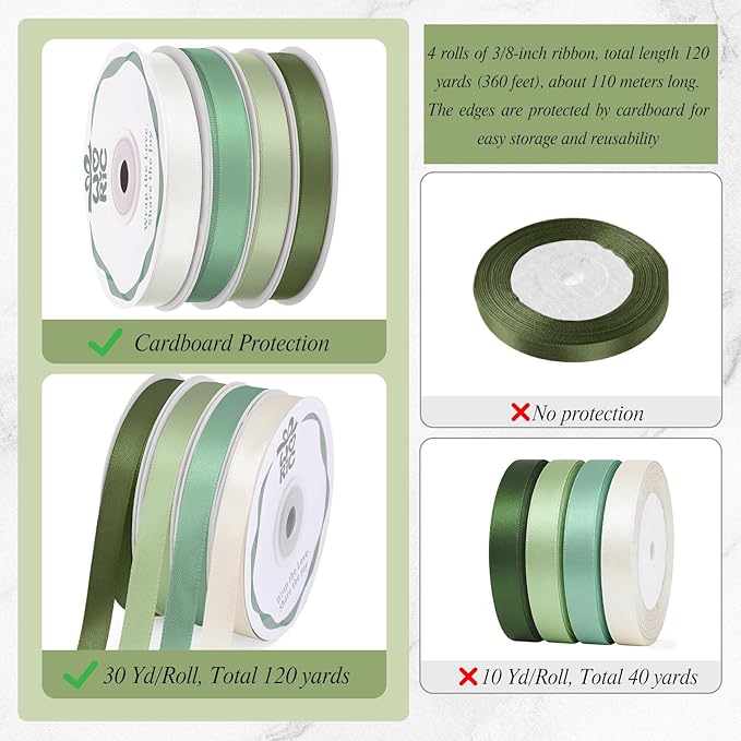 woric Sage Green Satin Ribbon 3/8 Inch x 4 Rolls, Total 120 Yards Ivory/Moss Green/Dusty Sage Ribbon for Graduation Leis Baby Bridal Shower Mother's Day Hair Bows Wedding Decor