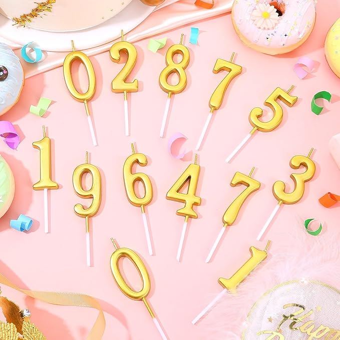 32 Pieces Number Birthday Candles Gold Cake Candles Number 0-9 Cake Decoration for Birthday Ten-Year Milestone Anniversary Wedding Party Celebration (Gold)