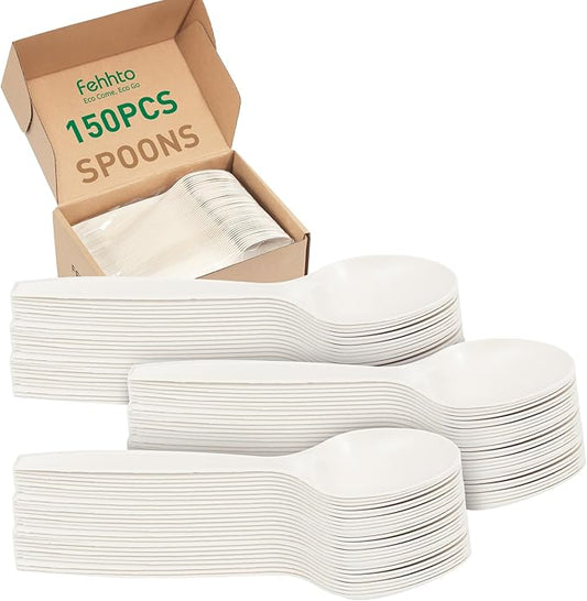 100% Compostable Disposable Spoons, 6.7" Heavy Duty Utensils Eco-Friendly Cornstarch Cutlery Durable and BPI-Certified Party Supplies No Plastic-150pcs Spoons